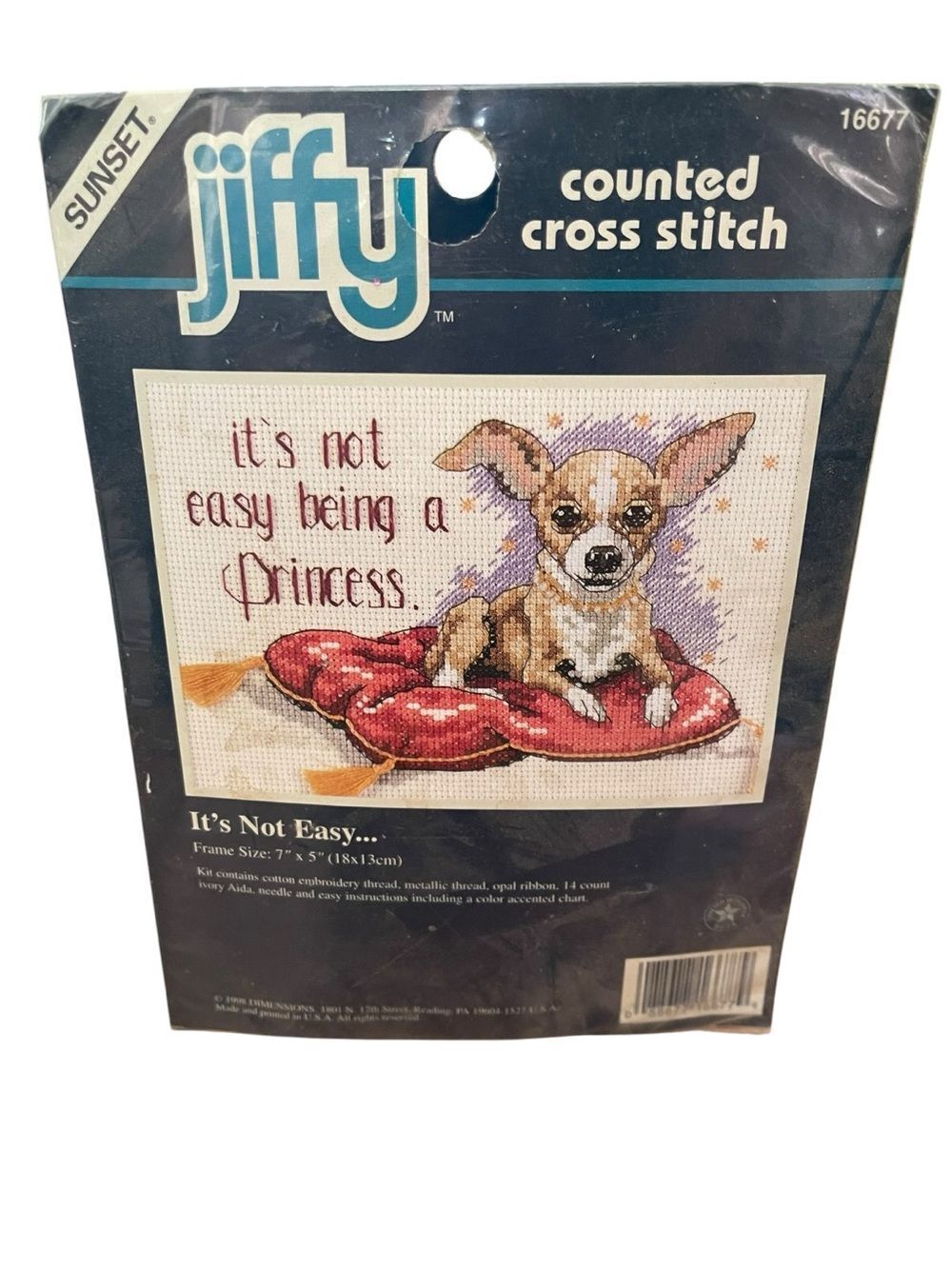 Vintage Jiffy Counted Cross Stitch Kit Chihuahua It’s Not Easy Princess